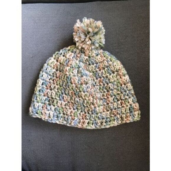 Homemade Knitted Crochet Teen One Size Beanie Hat Multicolor Pompom - Picture 1 of 6